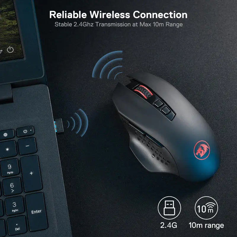 Redragon M656 Gainer Wireless Gaming Mouse – 2.4G Mouse with 4,000 DPI, 5 DPI Levels, 7 Macro Buttons & Red LED Backlight
