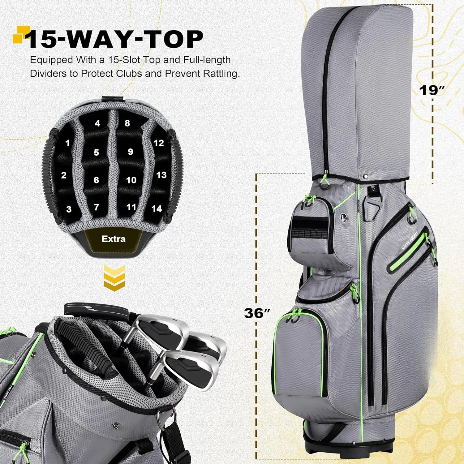 15-Way Organizer Divider Top Golf Cart Bag with Handles & Rain Cover – Large Capacity Club Storage Bag for Men & Women