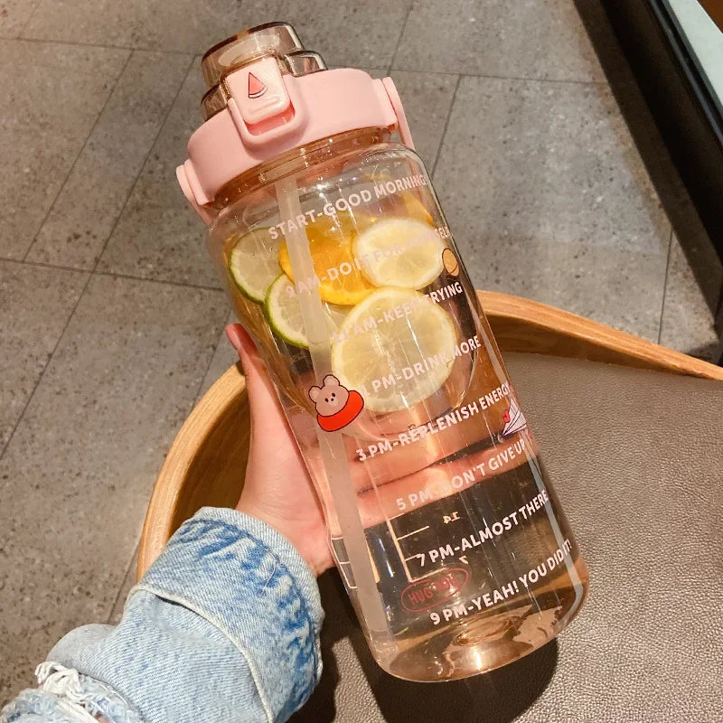 2 L Sports Straw Water Bottle – Large Capacity Jug with Time-Marker & Stickers, Portable for Fitness & Travel