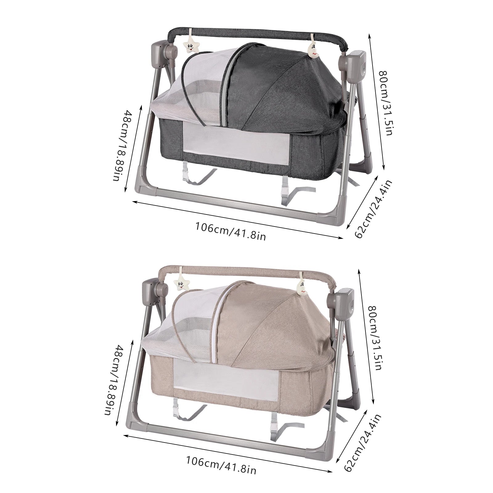 Elele Nova 3‑in‑1 Electric Cradle & Baby Swing Bed – Gray/Khaki Auto-Rocking Recliner Crib with Music, Remote & Soft Mattress