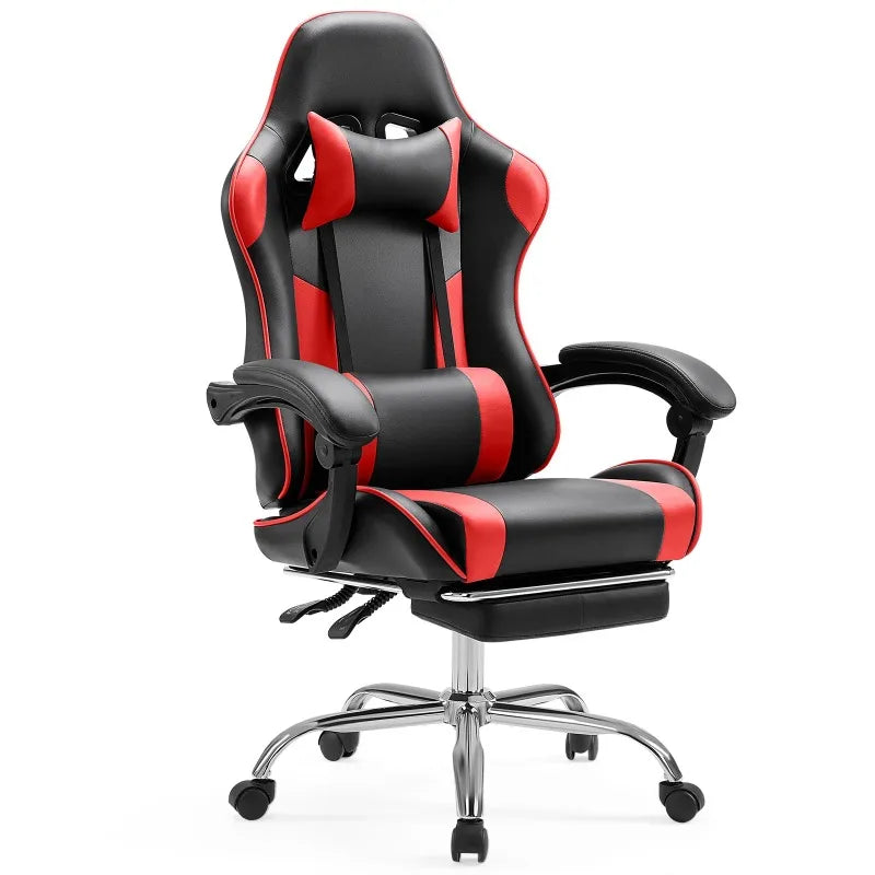 Ergonomic Gaming Chair with Headrest & Lumbar Pillow – Height Adjustable, 360° Swivel, Reclining Seat with Red Accents