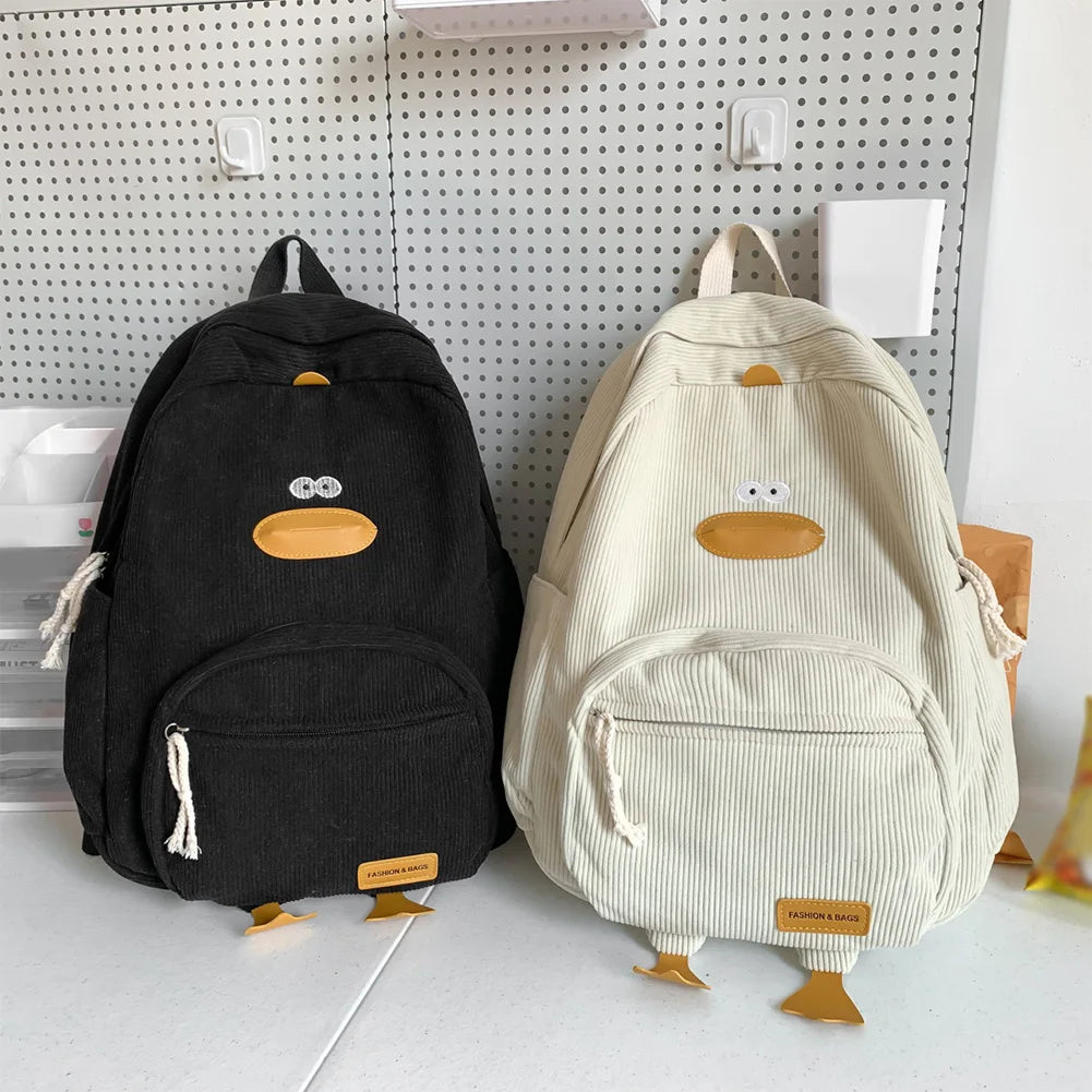 Corduroy Duck Cartoon Backpack – Large Capacity School Bag with Adjustable Straps
