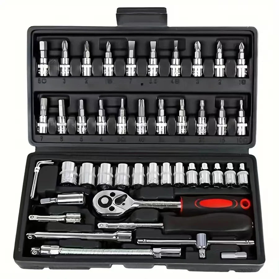 46-Piece Car Repair Tool Kit – Ratchet, Torque Wrench & Socket Set for Auto & Bike Maintenance 🔧