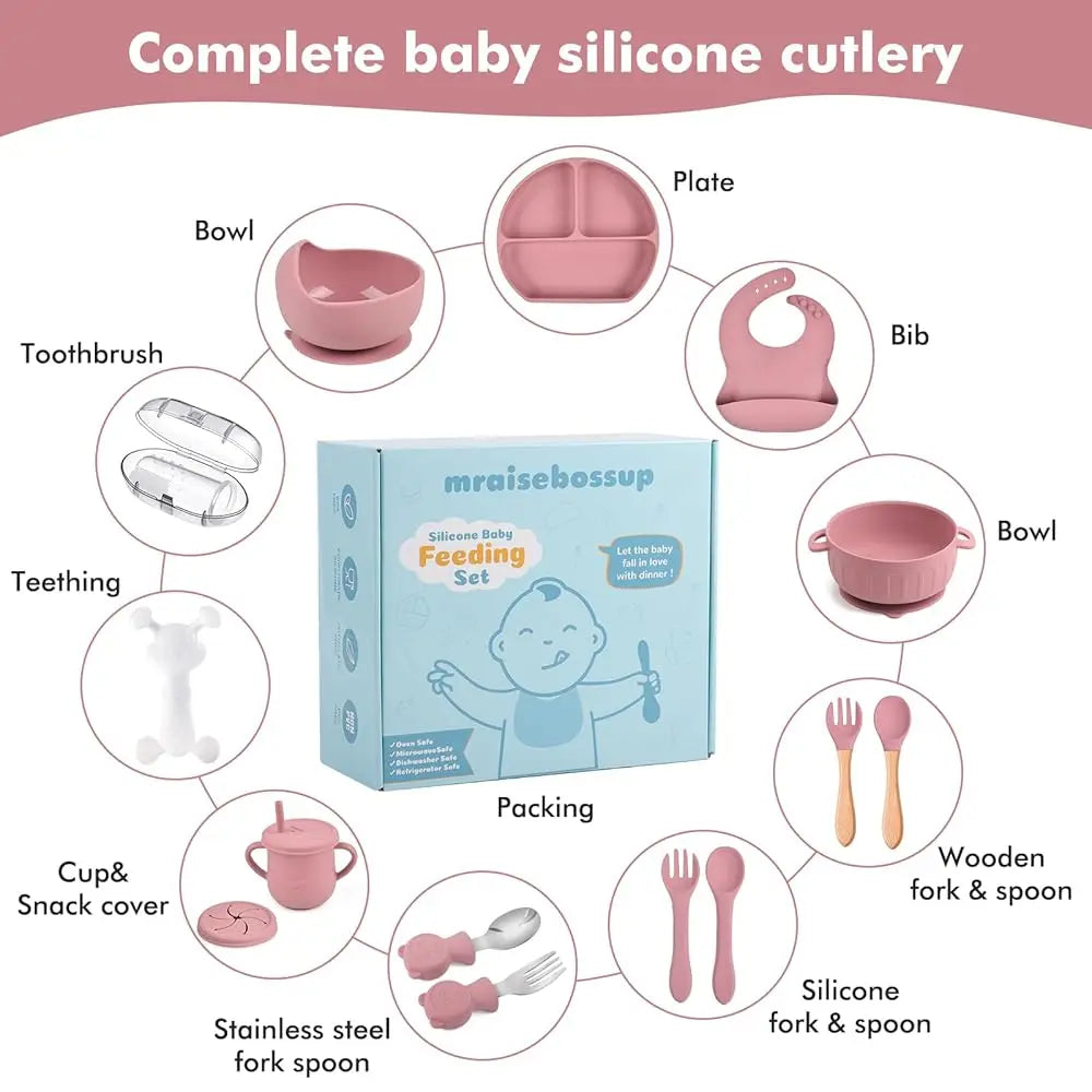 Silicone Baby Feeding Set – 15 Pcs Baby Weaning Essentials with Suction Bowl, Divided Plate, Bib, Cup, Spoons & Teething Toys