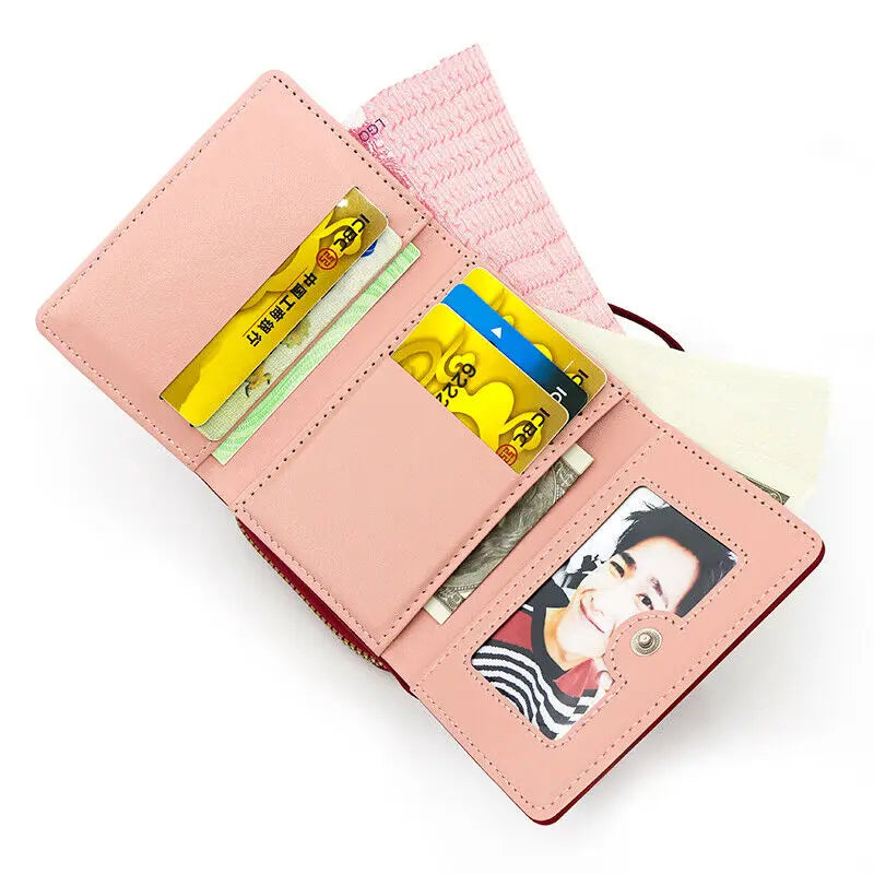 Women’s Heart Embroidered Short Wallet – Triple Fold PU Leather Purse with Multi-Card Slots & Large Capacity