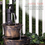 Rustic 2-Tier Barrel and Pump Water Fountain – Bronze Finish | 27”H Outdoor Garden & Patio Fountain with Relaxing Water Flow