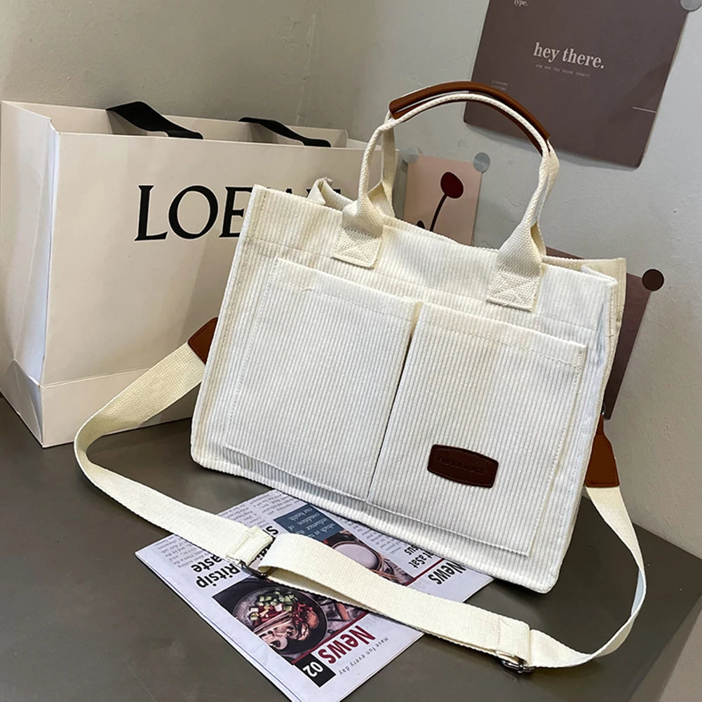 Women’s corduroy tote bag – large-capacity fashion handbag with multiple pockets, top-handle & crossbody design for everyday use