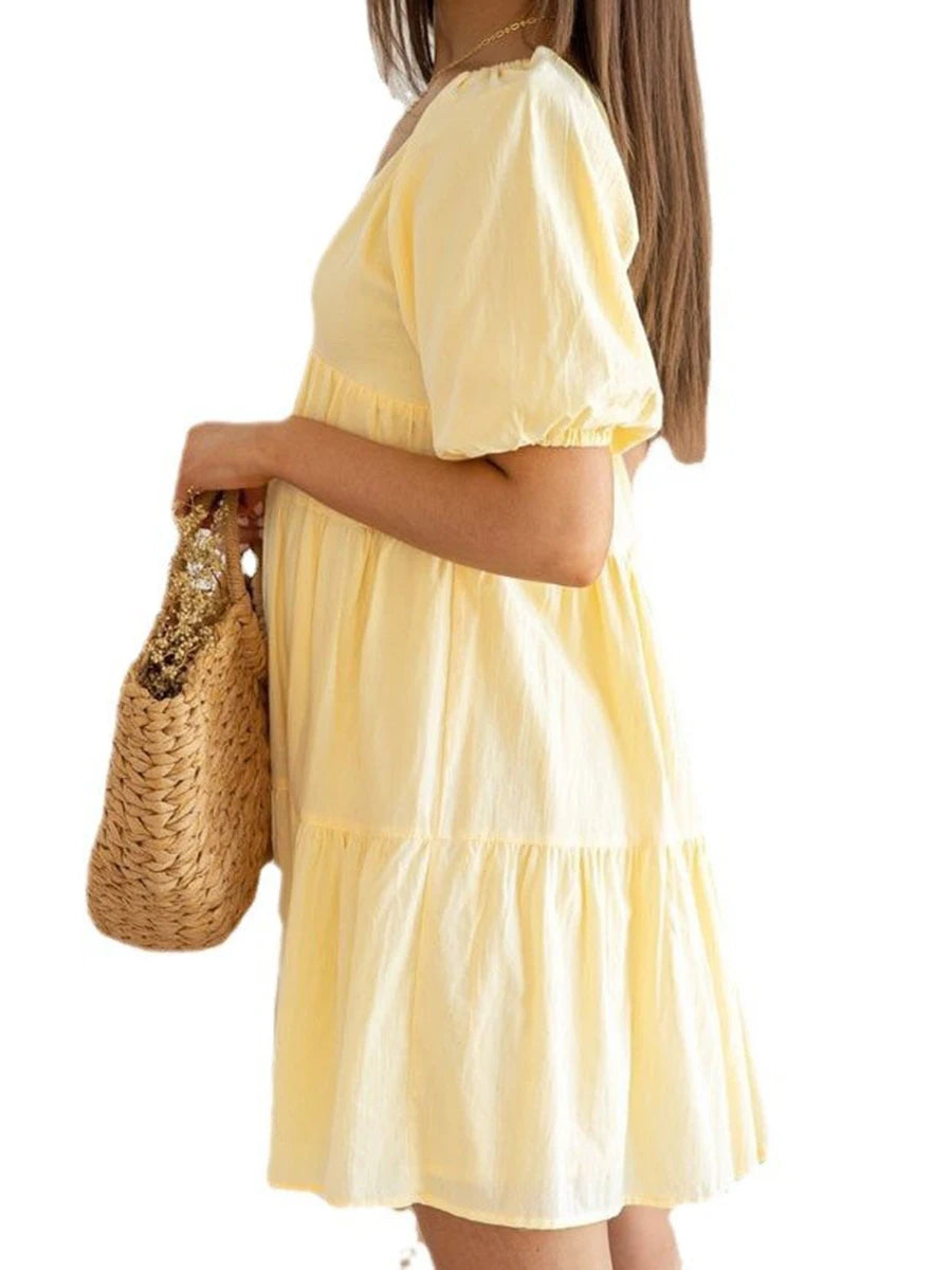 Elegant Maternity Dress – Solid Color A-Line Pregnancy Outfit with Puff Sleeves & V-Neck, Casual Summer Photoshoot Wear