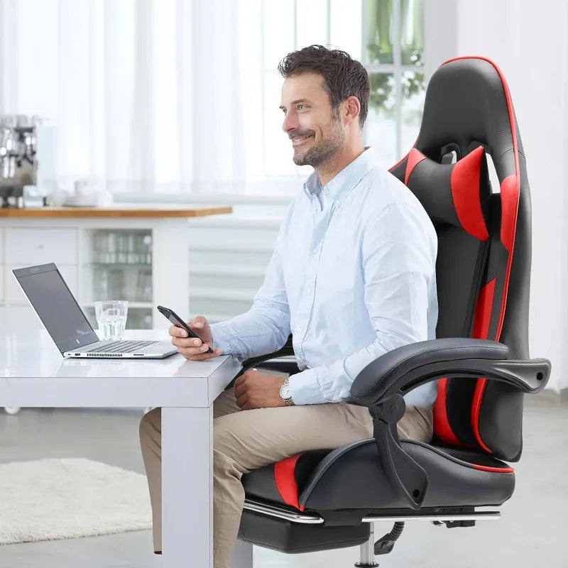 Ergonomic Gaming Chair with Headrest & Lumbar Pillow – Height Adjustable, 360° Swivel, Reclining Seat with Red Accents