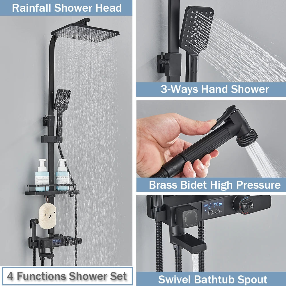 Digital Display Thermostatic Shower Mixer – Matte Black 4-Way Rainfall System with Shelf & Bidet Tap