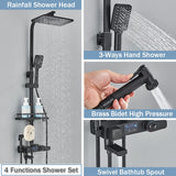 Digital Display Thermostatic Shower Mixer – Matte Black 4-Way Rainfall System with Shelf & Bidet Tap