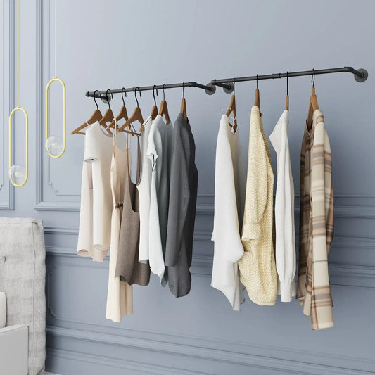 2-Pack Industrial Pipe Clothes Rail Rack – Wall-Mounted Garment Rods & Heavy-Duty Iron Closet Organizer for Hanging Clothes”