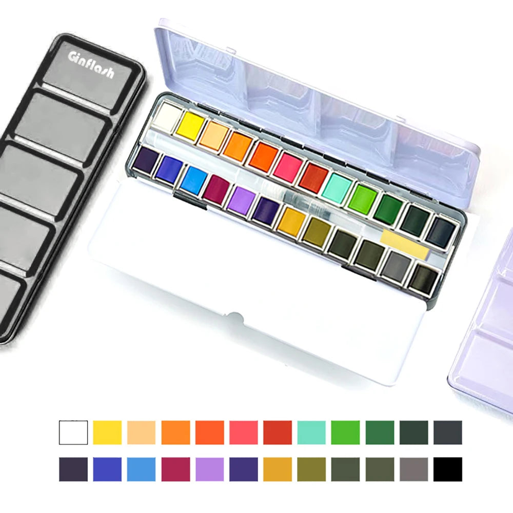 Ginflash 24/48 Colors Solid Pigment Watercolor Paint Set – Portable Brush & Sponge Included