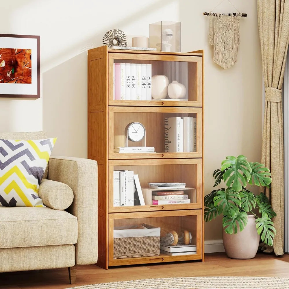 🎋 4-Tier Bamboo Bookcase with Clear Flip-Up Doors – 55" Freestanding Bookshelf & Cube Storage Organizer with Shelves