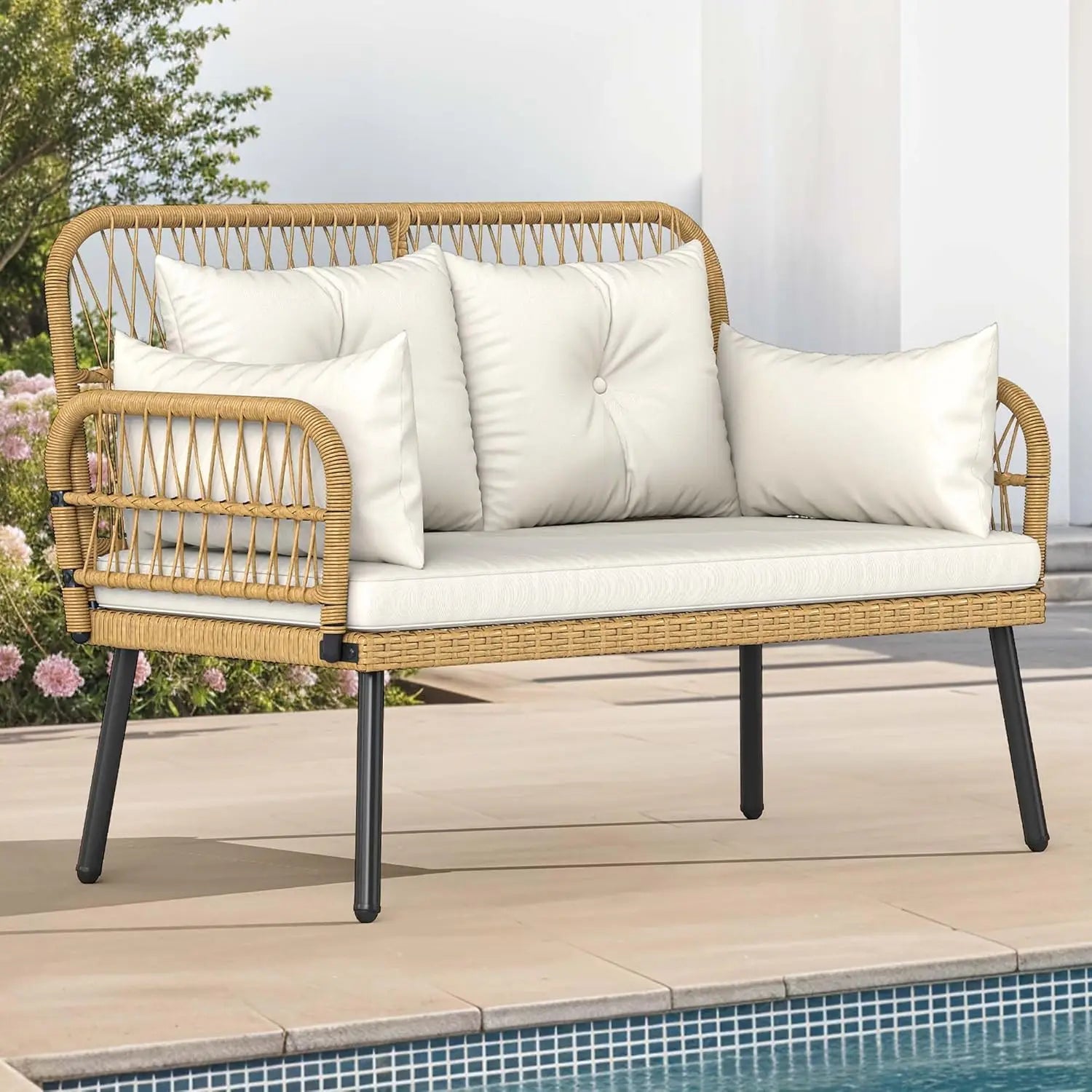 “Outdoor Loveseat Patio Wicker Furniture Set – Beige Cushioned 2-Seat Sofa with Adjustable Feet for Garden, Balcony & Porch”