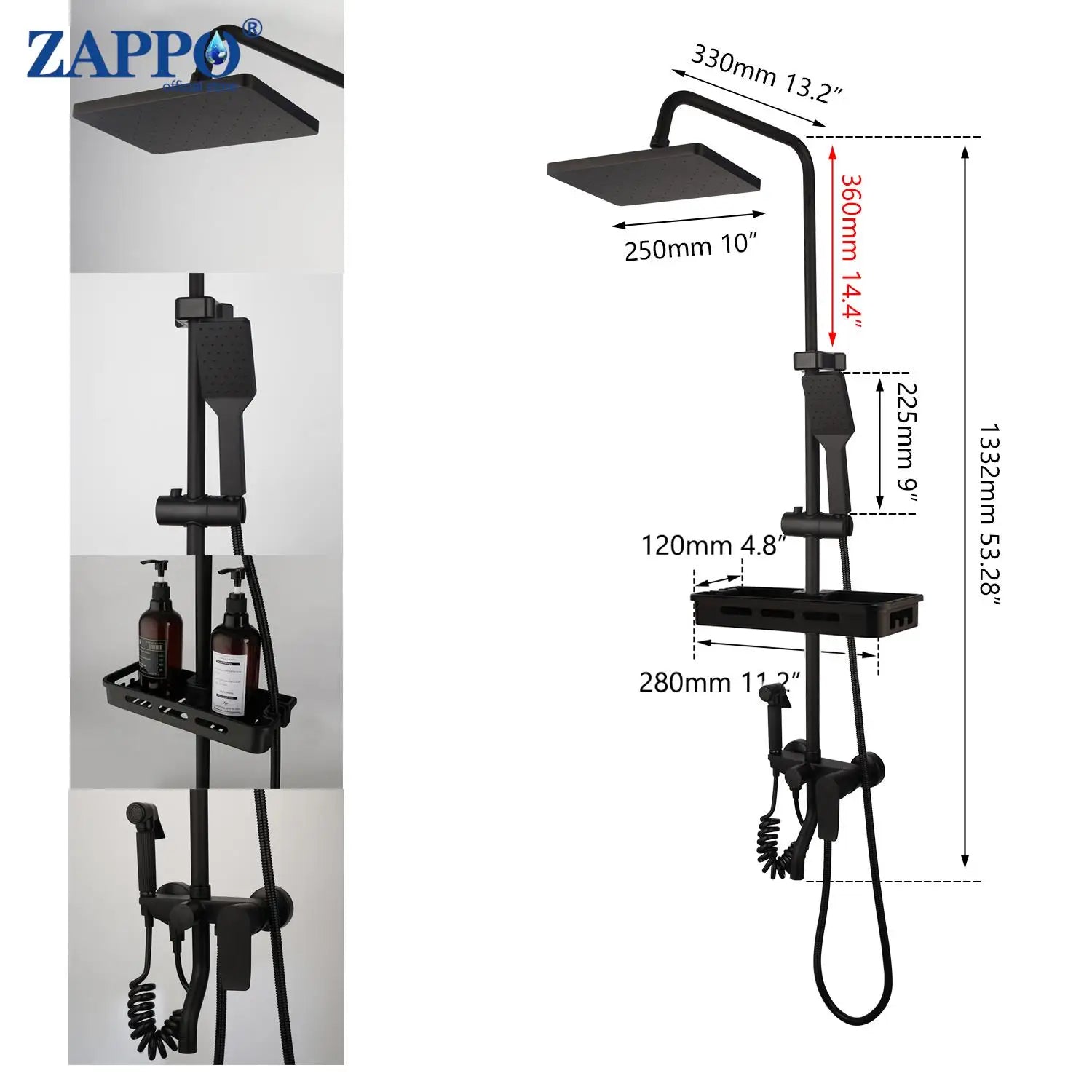 Zappo Matte Black 8-Inch Rainfall Shower Set – Wall-Mounted 3/4-Function System with ABS Shelf