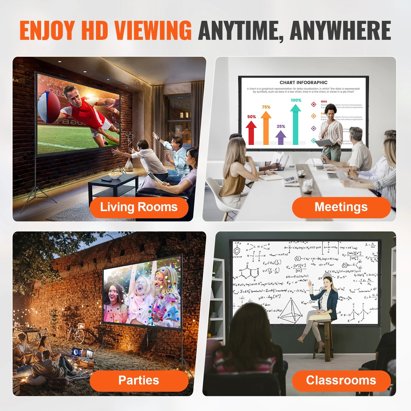 Vevor Portable Projection Screen Kit – 16:9 HD/4K, Tripod Stand for 100″, 120″ or 150″ Viewing