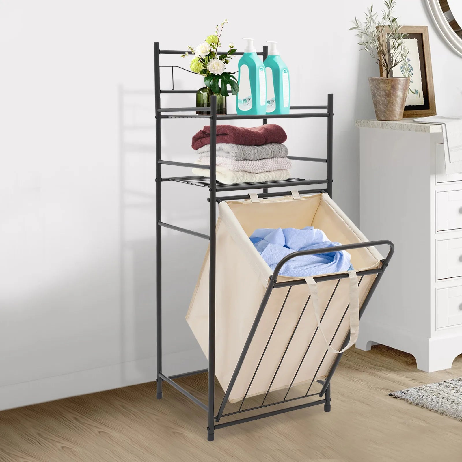 3-Tier Large-Capacity Laundry Storage Rack – Grid Structure Iron Frame with Removable Oxford-Cloth Basket