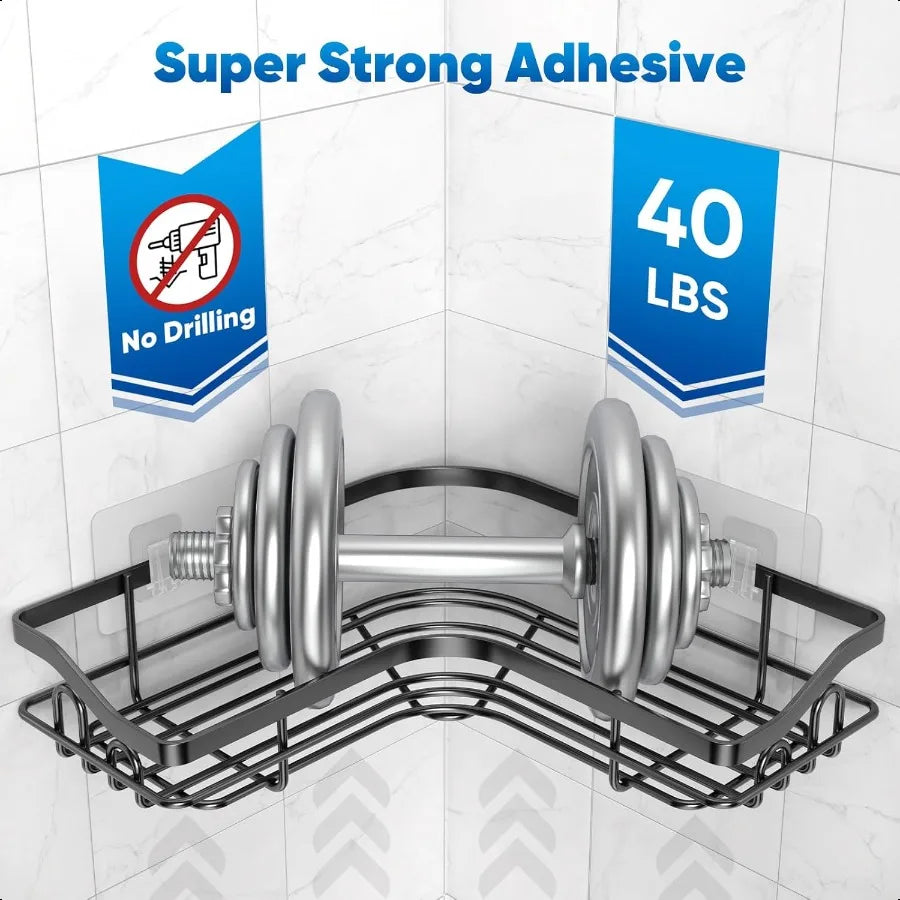 Black Stainless Steel Adhesive Corner Shower Caddy – Rustproof No-Drill Wall Mounted Shelf