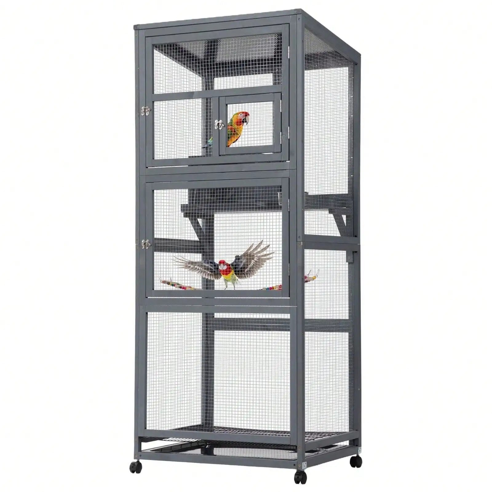 68" Large Wooden Bird Cage Aviary – Outdoor Bird House on Wheels with Pull-Out Tray for Easy Cleaning