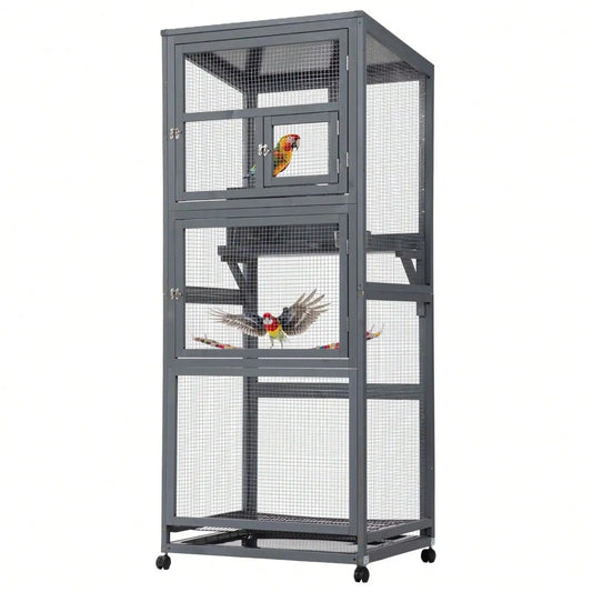 68" Large Wooden Bird Cage Aviary – Outdoor Bird House on Wheels with Pull-Out Tray for Easy Cleaning
