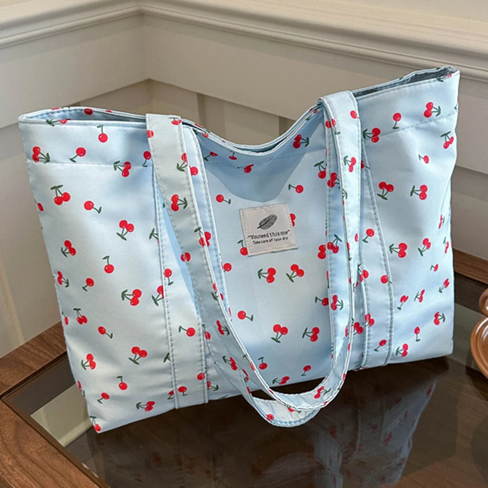 Cherry & Strawberry Print Large Capacity Canvas Tote – Nylon Top-Handle Shoulder Bag
