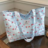 Cherry & Strawberry Print Large Capacity Canvas Tote – Nylon Top-Handle Shoulder Bag