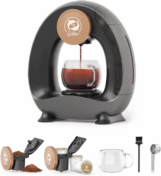 Quiet Single Serve Coffee Maker – Stylish Mini Q 2-in-1, Ground Coffee & Capsule Compatible, Dark Grey