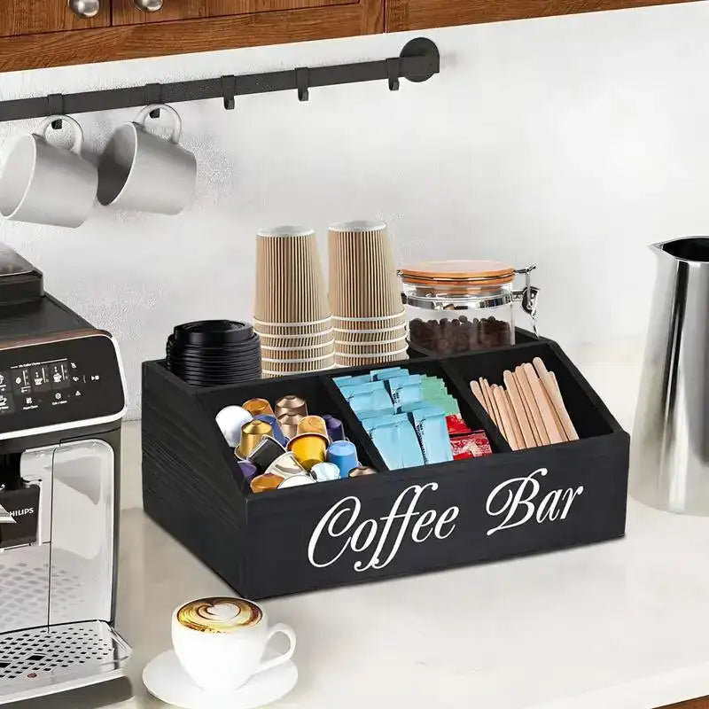 Wooden Coffee & Tea Station Organizer – Large Countertop Basket with Removable Dividers for Home Coffee Bar