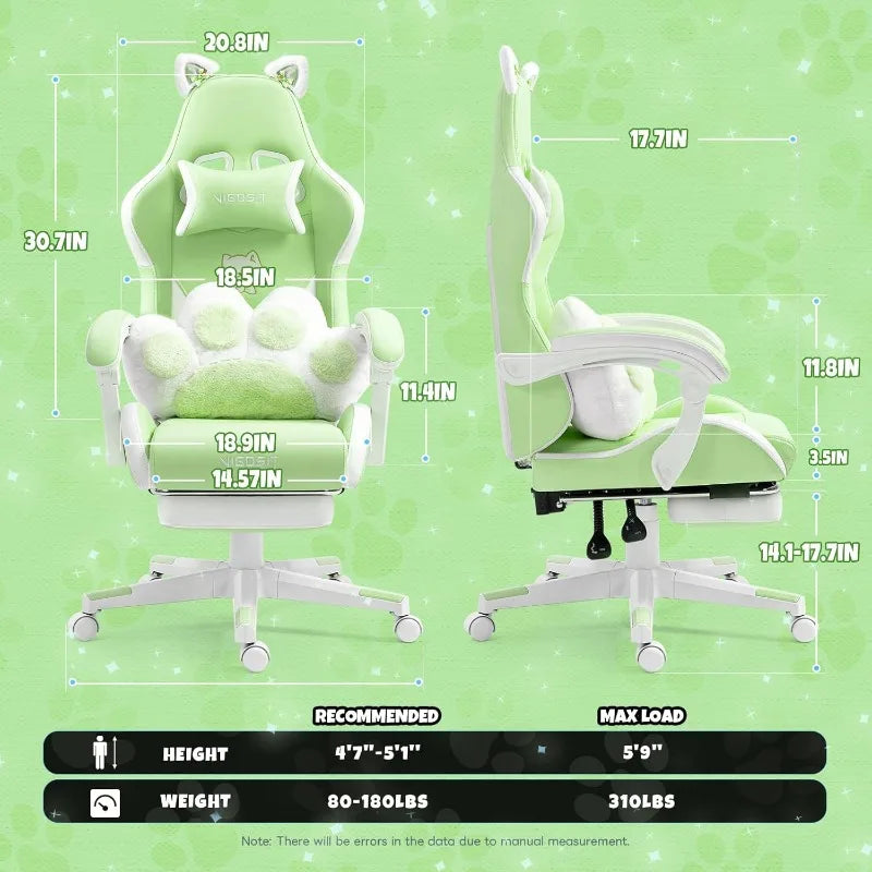 Gaming Chair with Cat Paw Lumbar Cushion & Cat Ears – Ergonomic Reclining PC Chair for Girls, Teens & Kids, Green