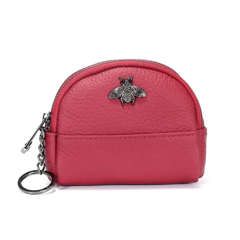 Cute Bee Decor Women’s Leather Coin Purse – Small 2-Zipper Wallet with Keychain Ring