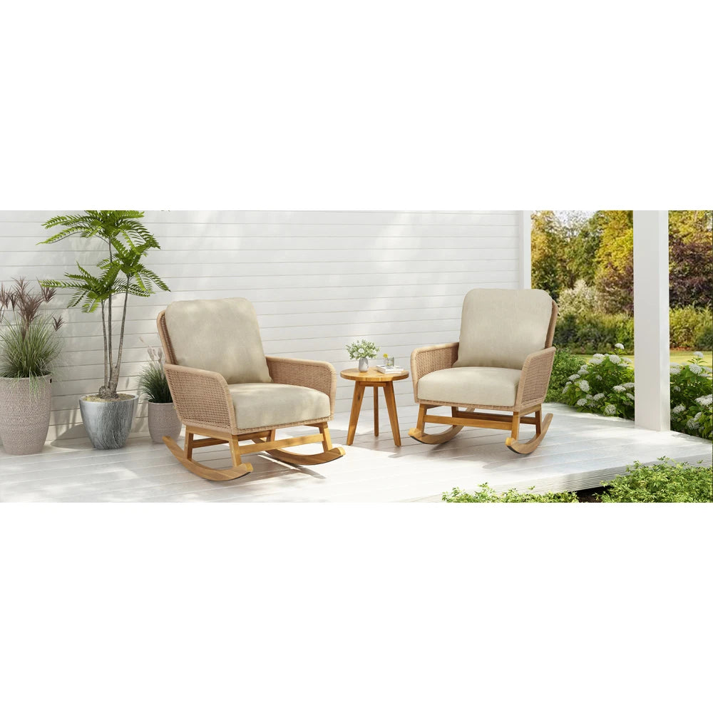 “3-Piece Modern Outdoor Seating Set – Beige Cushioned PE Rattan Rocking Chairs with Wooden Accent Table”