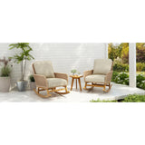 “3-Piece Modern Outdoor Seating Set – Beige Cushioned PE Rattan Rocking Chairs with Wooden Accent Table”