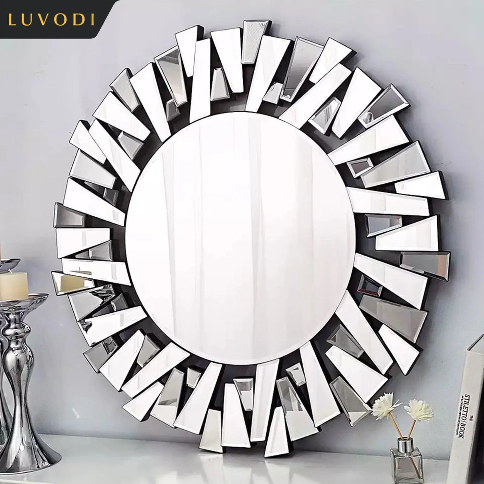 Luvodi Large Round Wall Mirror – Silver Starburst Design Decorative Mirror for Living Room, Dining Room & Bathroom Décor