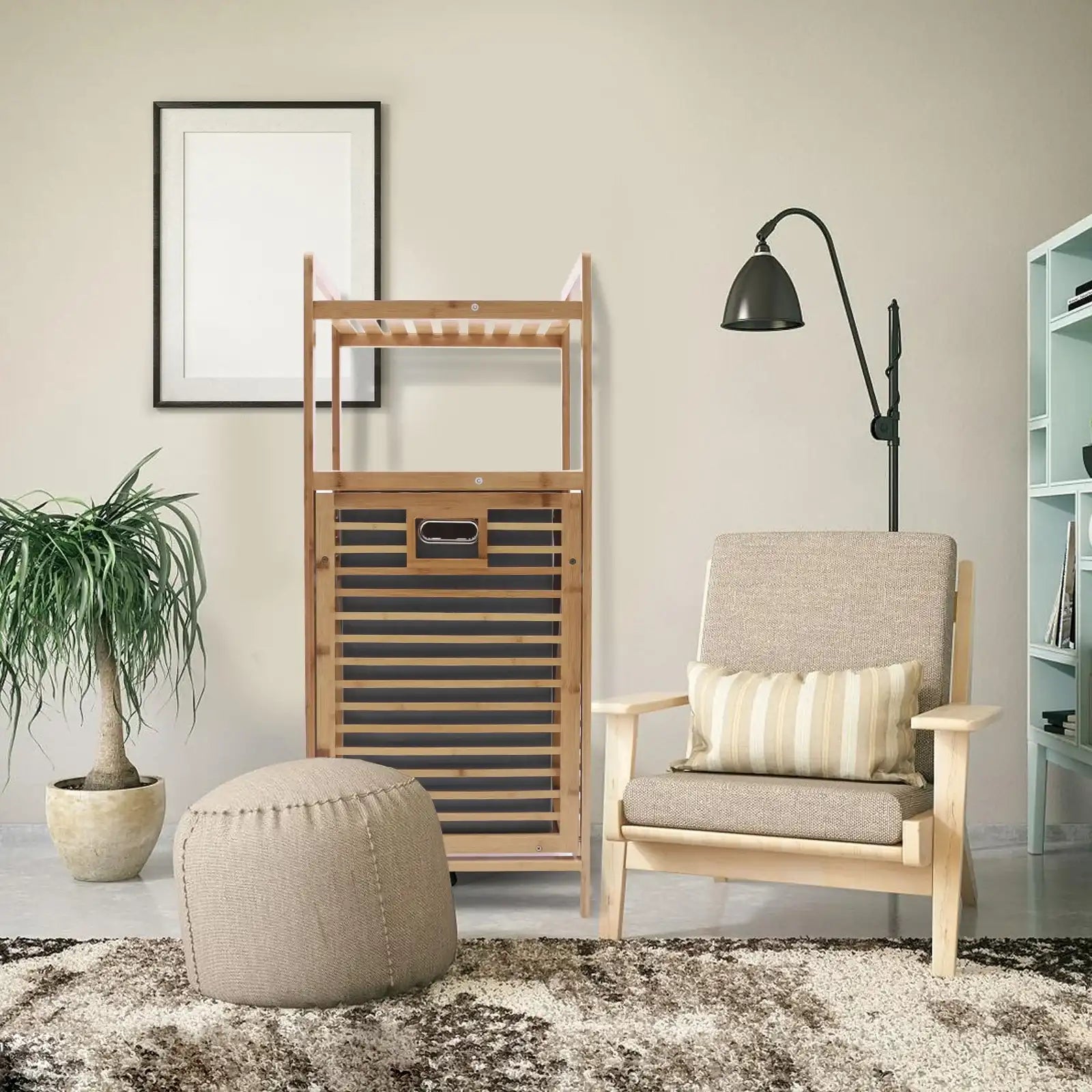 Bamboo Laundry Rack with Flip Basket – Scratch-Resistant Large Capacity Storage with 2 Shelves, Easy-to-Clean Home Organizer