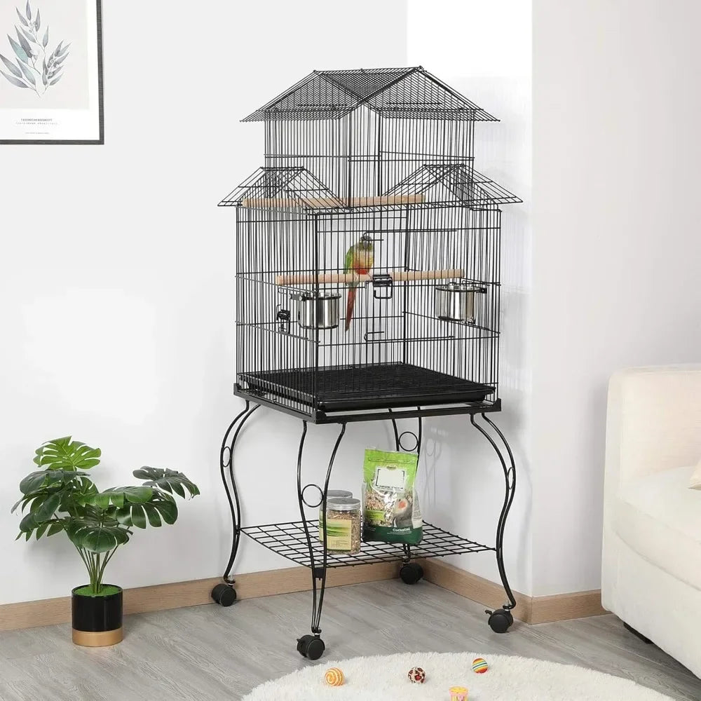 55″ Rolling Triple-Roof Parrot Cage – Sturdy Medium Size with Detachable Stand