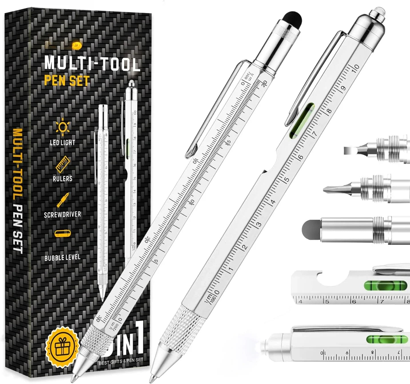 Multifunction Pen – 6-in-1 Stylus Ballpoint Tool with Ruler, Level, Screwdriver & LED Light 🔧