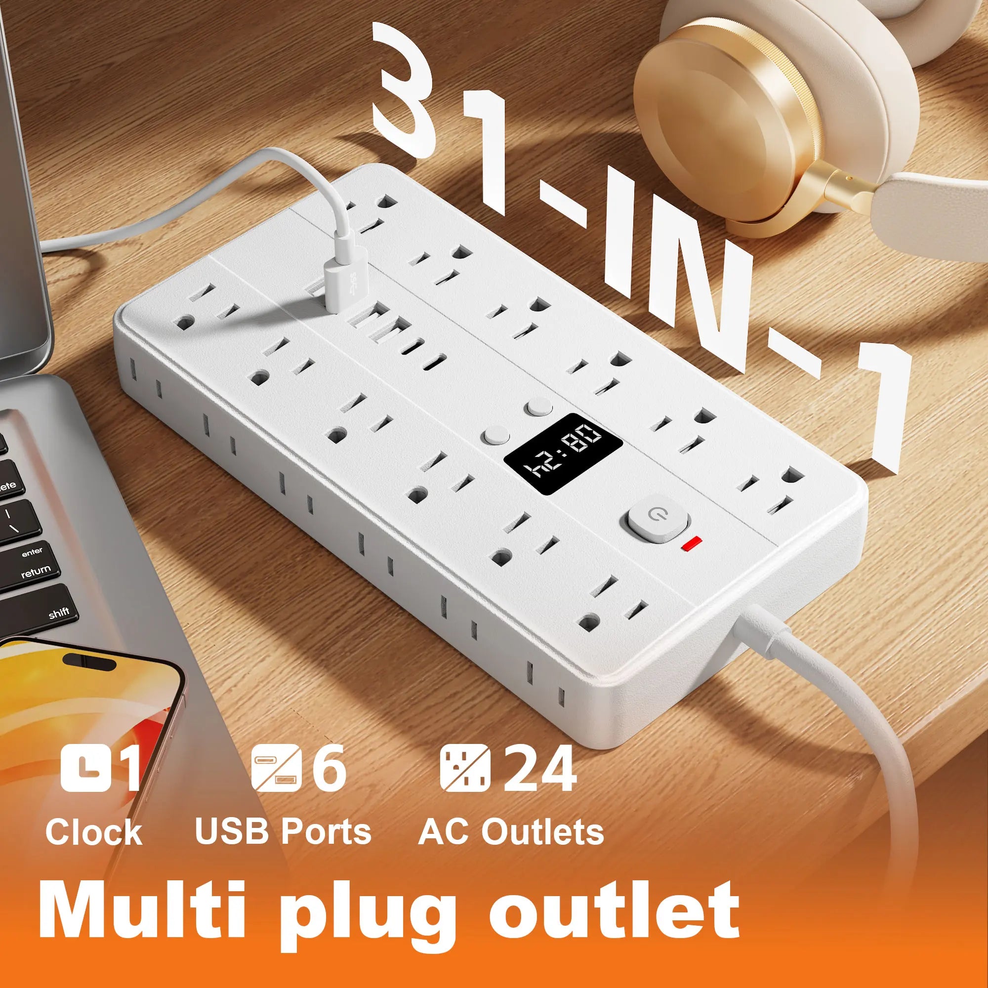 31-in-1 Multifunctional Power Socket – 3-Sided Power Strip with Time Display, 24 AC Outlets, 6 USB Ports & 2 USB-C Fast Charging Ports