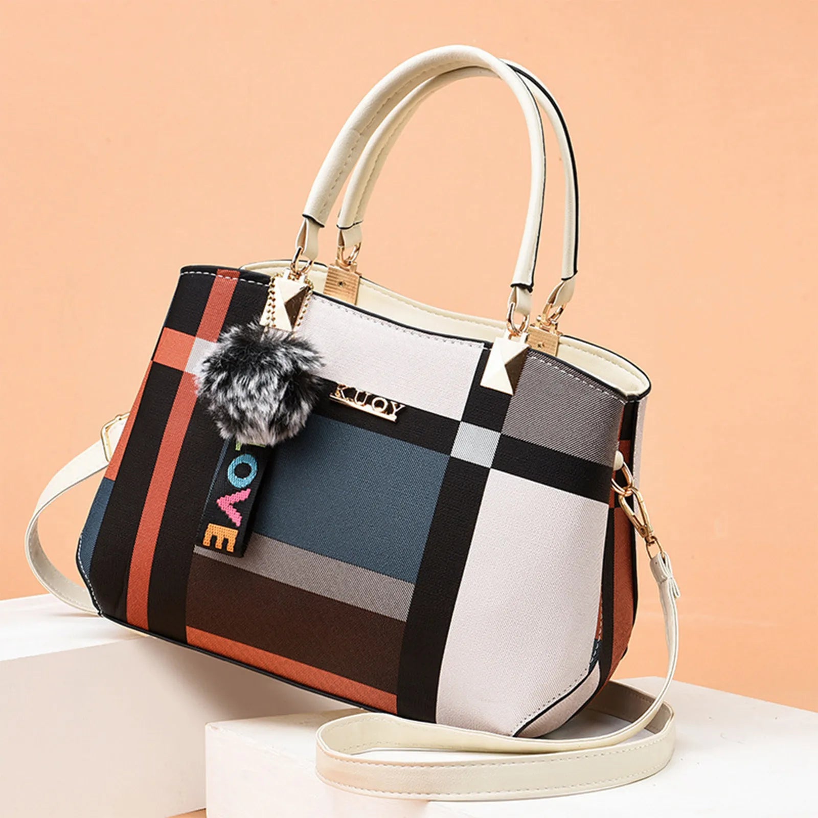 Elegant designer women’s handbag – PU leather crossbody messenger bag with top-handle tote design & fluffy keychain accessory