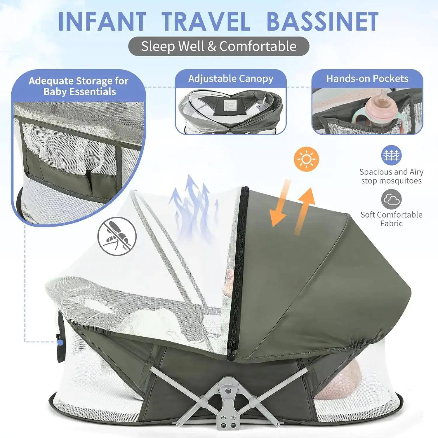 “Portable Baby Bassinet Travel Pod – Infant Lounger with Mosquito Net”