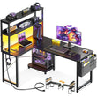43″ L-Shaped Gaming Desk – Reversible Corner Computer Desk with LED Lighting, Power Outlets & Storage Shelves