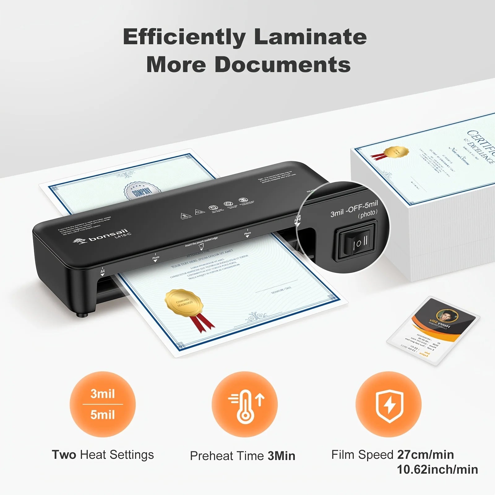 Bonsaii 9″ Thermal Laminator – Compact Jam‑Proof Laminating Machine with Precision Temperature Control