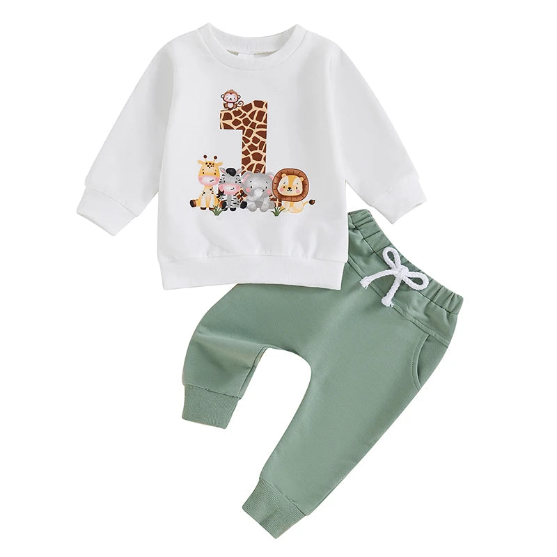 Baby Boy First Birthday Outfit – Animal Print Long Sleeve Sweatshirt & Elastic Waist Pants Set for Fall Celebrations