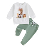 Baby Boy First Birthday Outfit – Animal Print Long Sleeve Sweatshirt & Elastic Waist Pants Set for Fall Celebrations