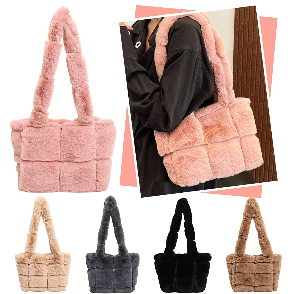 Women’s plush shoulder tote bag – large-capacity fluffy handbag, solid color casual furry purse for autumn & winter fashion