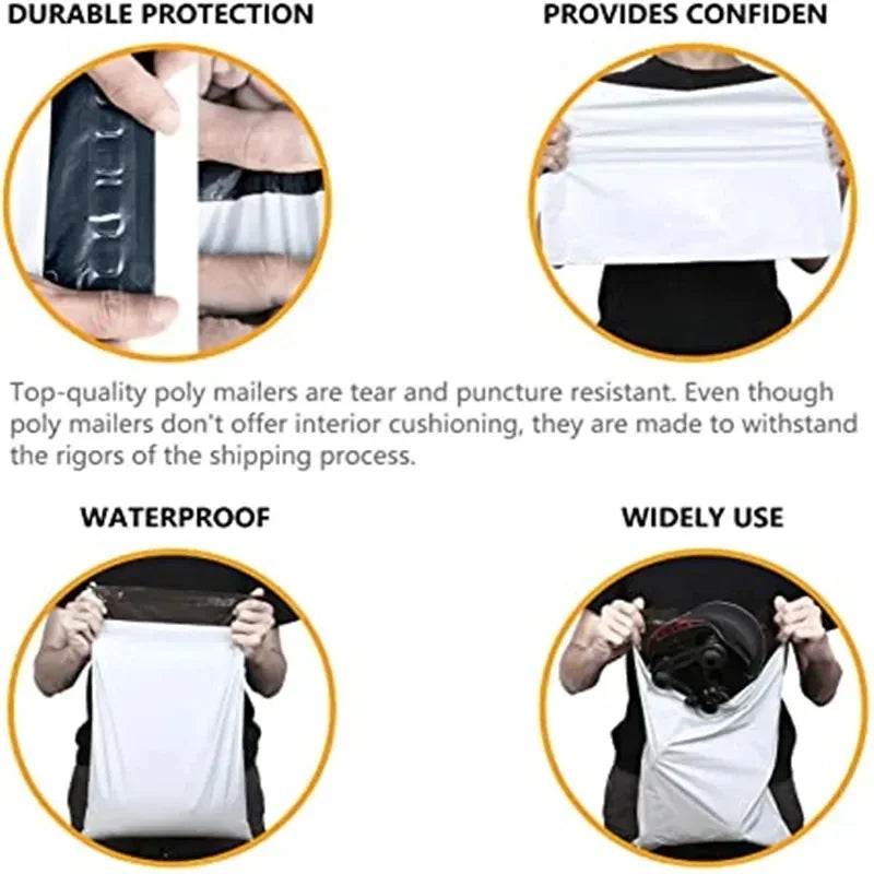 100 Pack White Courier Mailing Bags – Self-Seal Plastic Packaging Pouches, Durable Express Storage & Shipping Envelopes