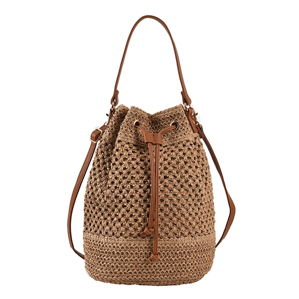 Drawstring Straw Beach Crossbody Bag for Women – Adjustable Strap Summer Shoulder Tote (Woven Raffia Style)