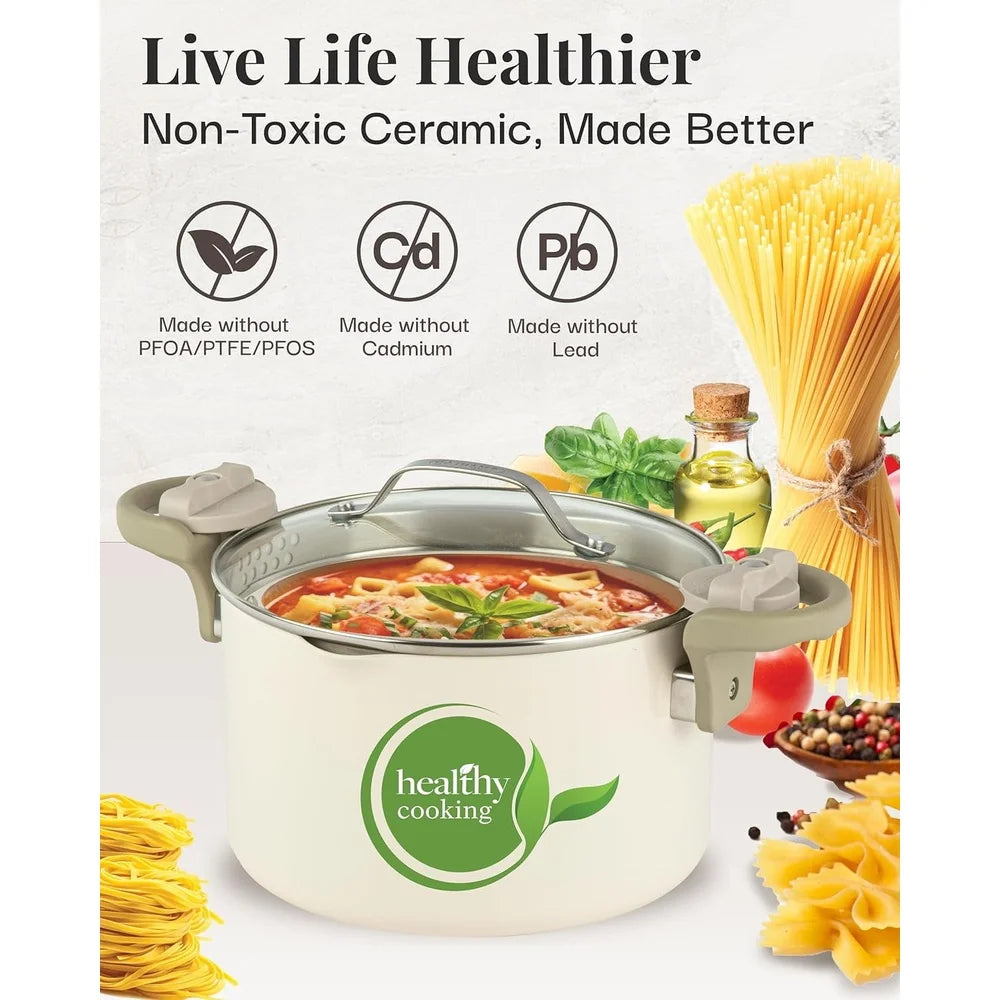 5-Quart Nonstick Ceramic Stock Pot with Glass Lid – Twist Lock Handles & Strainer for Easy Cooking 🍲✨