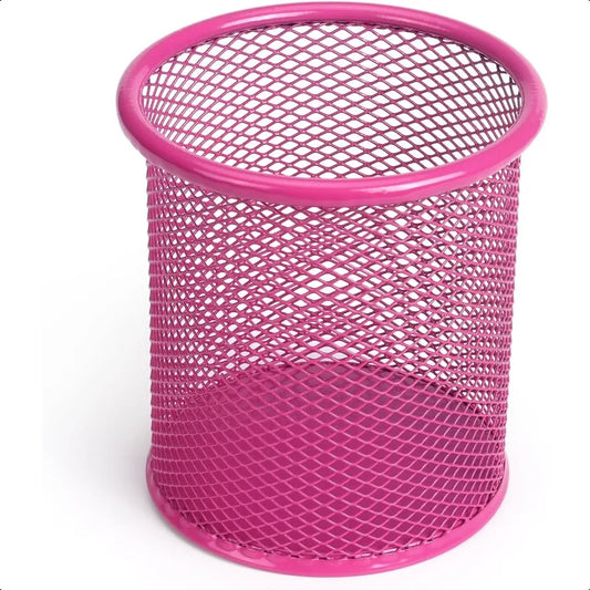 Wire Mesh Pencil & Pen Holder Cup – Pink Metal Desk Organizer for Office & Study
