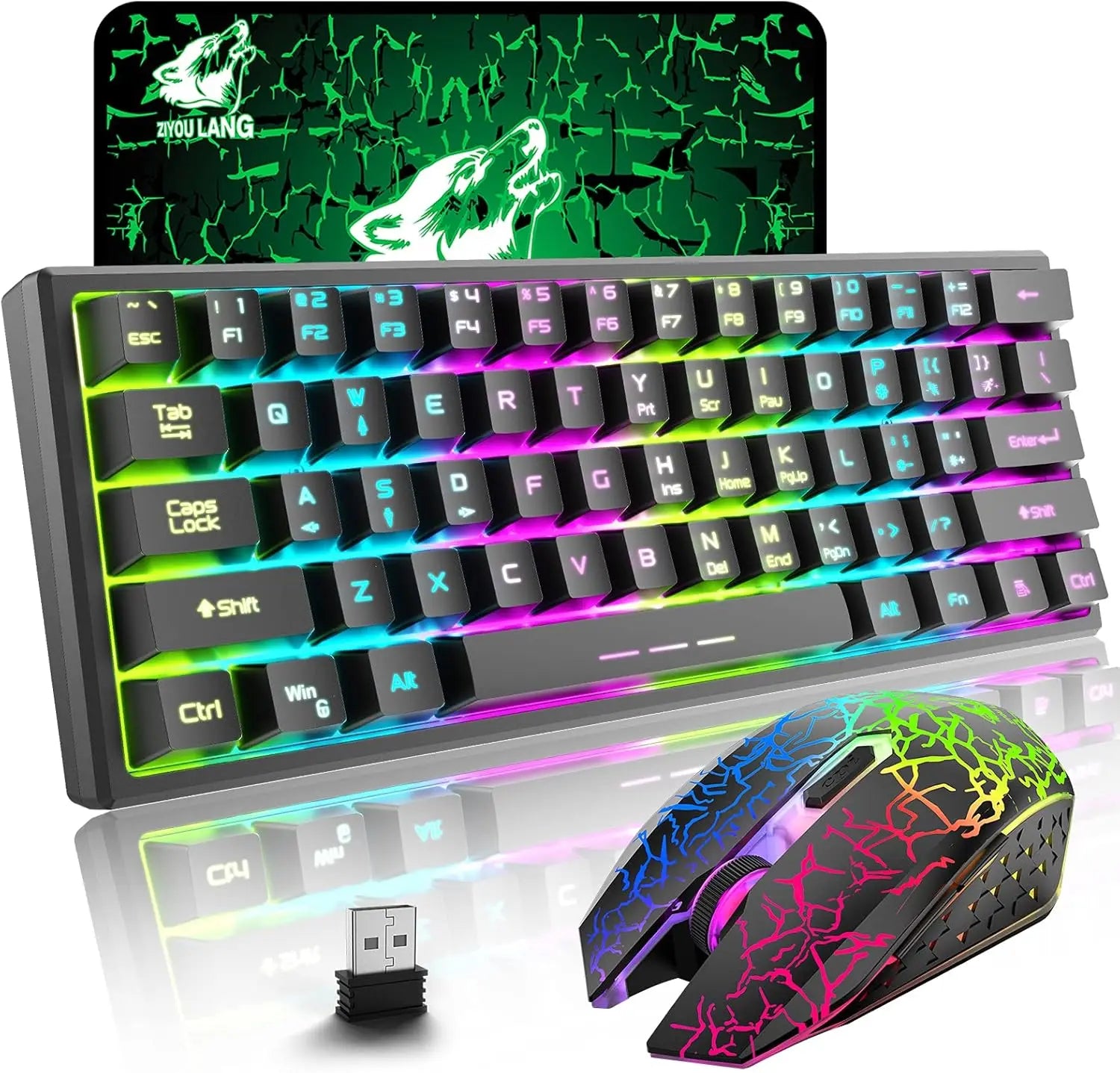 T61 Wireless Gaming Keyboard & Mouse Combo – 61-Key Ergonomic Rainbow LED Backlit Set with 4000mAh Battery & Mouse Pad
